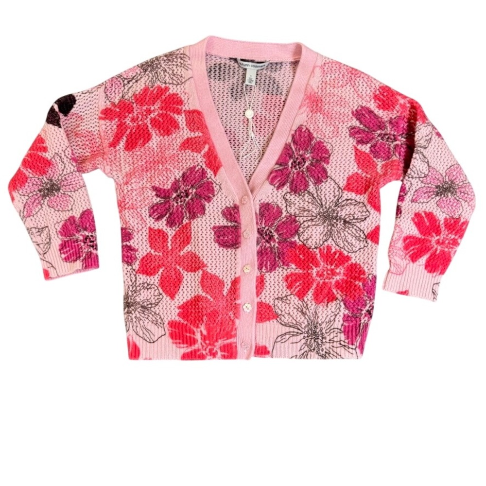 Autumn Cashmere Pink Floral 100% Pure Cashmere V-Neck Cardigan Sweater Small